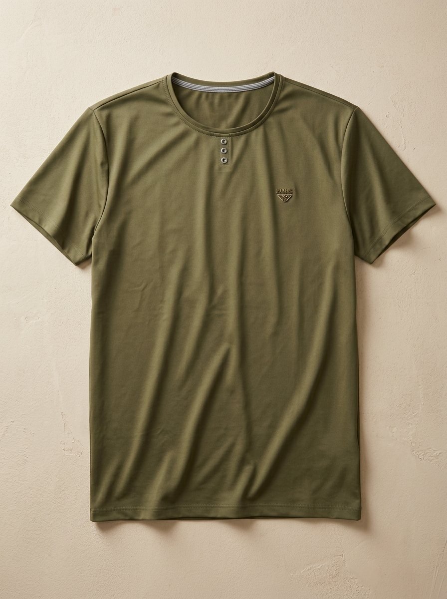 Men's Khaki Olive Smooth-Knit T-Shirt with 3-Button Detailing