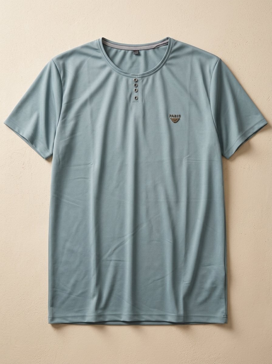 Men's Steel Blue Smooth-Knit T-Shirt with 4-Button Detailing