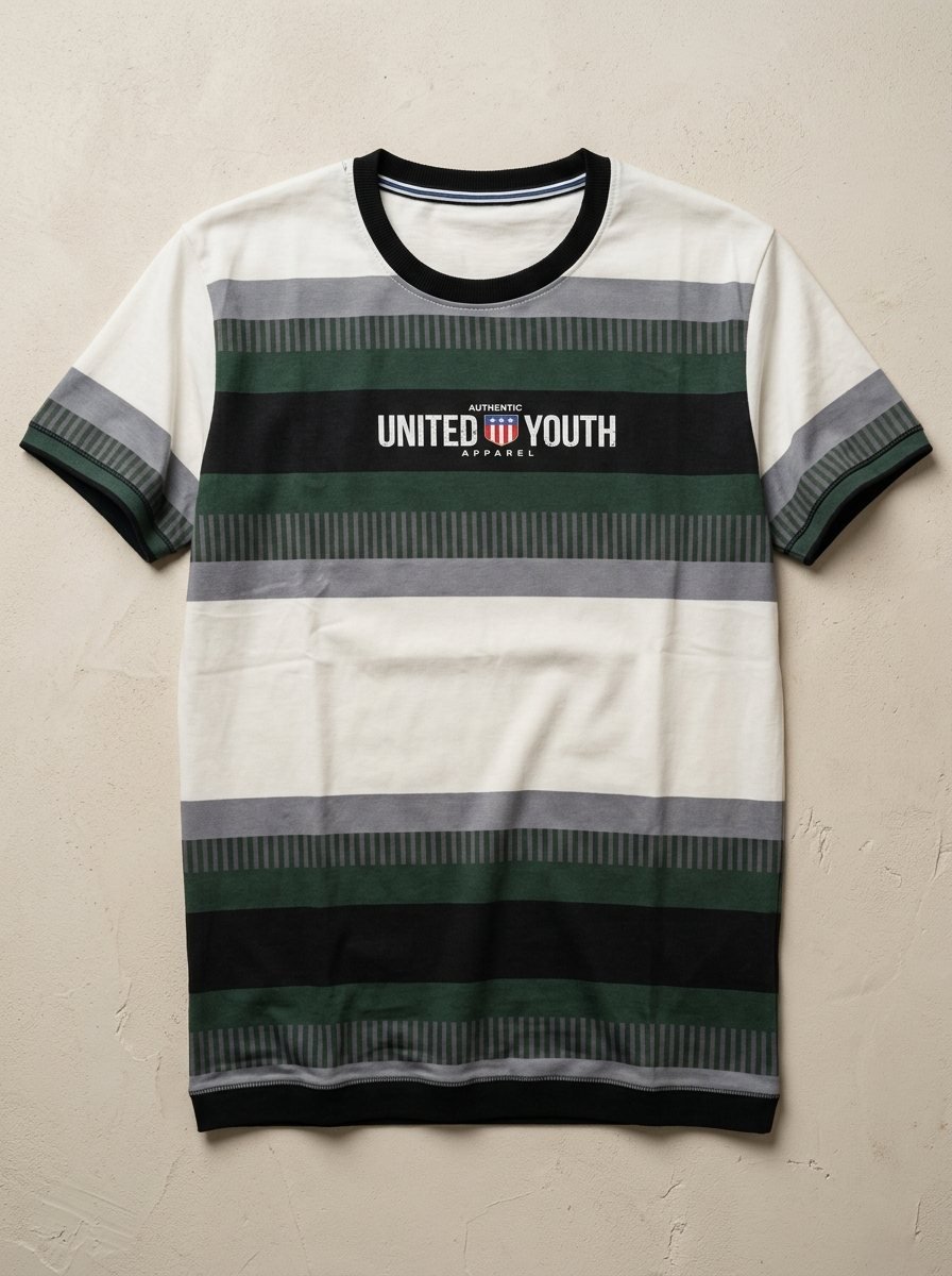 Men's Off-White & Forest Green Striped Cotton T-Shirt