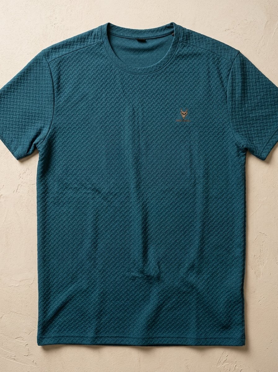Men's Petrol Blue Basketweave Textured T-Shirt – Embroidered Chest Crest