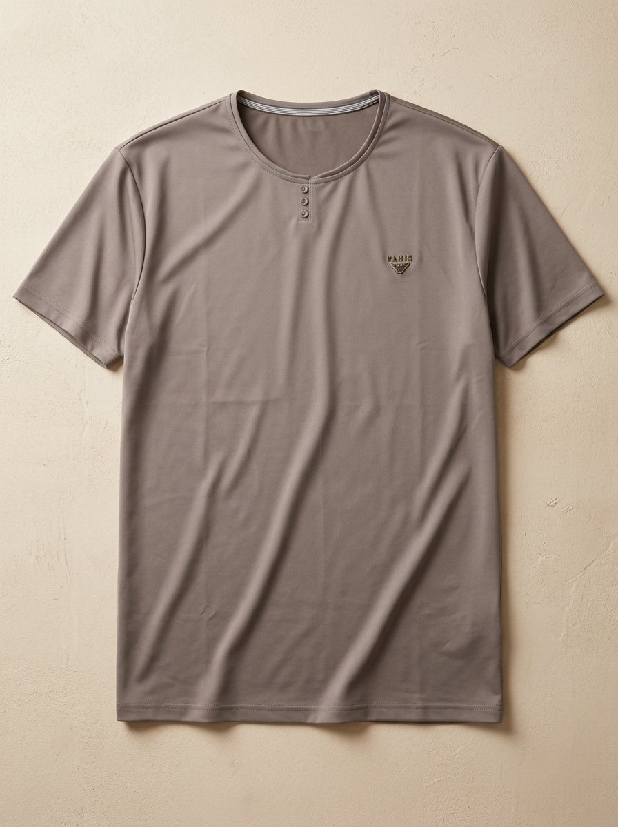 Men's Ash Taupe Smooth-Knit T-Shirt with 3-Button Detailing